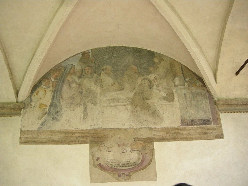 Chiostro - Storie di San Francesco, Ognissanti (Firenze), Jacopa de' Settesogli Frangipane assiste Francesco nelle ultime ore, lunetta 29